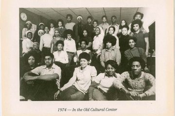 Group inside the original cultural center, 1974