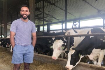Dipesh Khati standing in a dairy barn with cows