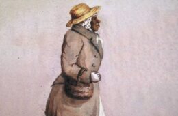 Illustration of an African-American woman in a hat and coat, carrying a basket over her arm