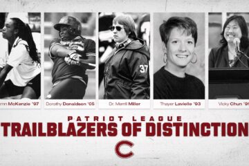 Patriot League Trailblazers of Distinction card with images of Autumn McKenzie playing volleyball, Dorothy Donaldson playing softball, Dr. Merrill Miller wearing aviator glasses, portrait of Thayer Lavielle, and Vicky Chun at a podium