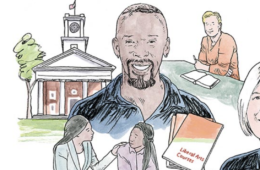 Color illustration of an academic looking building with a tower and flag, with a smiling African-American man, a book that says Liberal Arts, and an African-American woman with her hand on the shoulder of another.