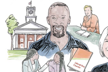 Color illustration of an academic looking building with a tower and flag, with a smiling African-American man, a book that says Liberal Arts, and an African-American woman with her hand on the shoulder of another.