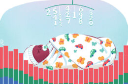Illustration of a black infant, wearing a white cap and sucking a pacifier, swaddled in a cloth with cars and butterflies. Red, green, and blue lines of a bar graph form the surface the baby lies on and a mobile above has numbers hanging from it.