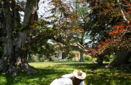 A Black woman wearing an open-backed white dress and a floppy straw hat lies on her side in grass. She is facing a house that is obscured by large trees and brush.