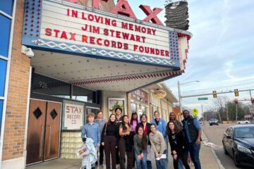 SRS students pose under the marquee of Stax Records, the legendary studio.