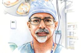 Illustrated portrait of Christian Rodriguez in surgical garb