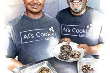 Illustration of Alvin Green and his son wearing Al's Cookie Mix t-shirts and holding plates and trays of cookies.