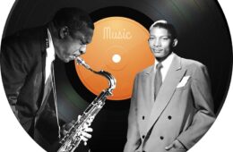 Record album with "Music" written in the center, with photos of John Coltrane on saxophone in profile, and Johnny Hartman in a light suit and tie.