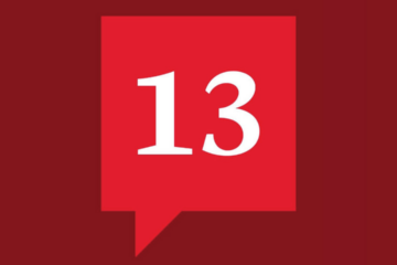 Colgate's 13 Podcast logo: Horizonal maroon box with a red talk bubble, 13 in white within it