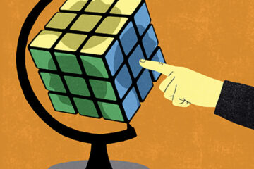 Illustration of a Rubik's Cube set in a globe stand. Each facet has the profile of a human head. A hand is pointing to the blue facet. James Steinberg illustration.