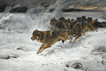 Painting of wolves running through snow