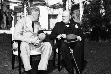 President Franklin D. Roosevelt and Prime Minister Winston Churchill in the garden of the Presidential villa during the Casablanca Conference