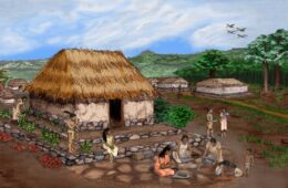 illustration of villagers working and playing in front of home