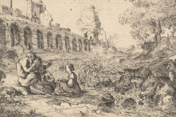 Corisca seated before satyrs on the bank of a river, from a pair of plates for Battista Guarini's 'Il Pastor fido', print, Bartholomeus Breenbergh (MET, 2012.136.663)