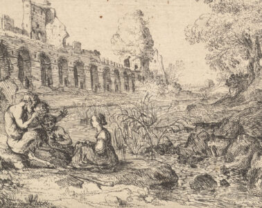 Corisca seated before satyrs on the bank of a river, from a pair of plates for Battista Guarini's 'Il Pastor fido', print, Bartholomeus Breenbergh (MET, 2012.136.663)