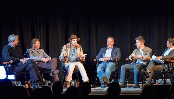 Entrepreneur Weekend panelists, left to right: John Donahoe, Tony Bates, Ashton Kutcher, Daniel Rosensweig P’15, P’17, Brian Chesky, and moderator David Faber.
