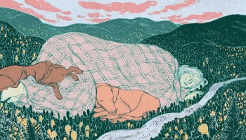 Illustration of giant woman and two dogs asleep in valley