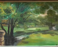 Scenic painting of Payne Creek and Willow Path on campus