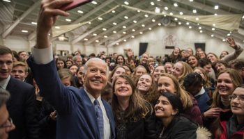 Joe Biden takes a selfie with a group of students