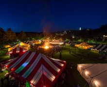 A bird's-eye view of the colorful Reunion tents on Whitnall Field