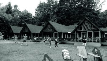 Black and white photo of Colgate Camp lawn