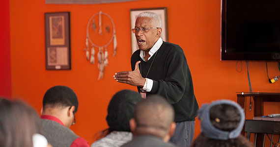 Bob Fullilove '66 speaks at an MLK Week workshop. He is associate dean for community and minority affairs and professor of clinical sociomedical sciences at the Mailman School of Public Health of Columbia University. (Photo by Erica Hasenjager)