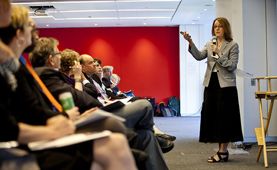 Debra Humphreys, of the Association of American Colleges and Universities, addresses a room of more than 150 career services professionals at Colgate's recent Innovation + Disruption symposium in New York City.