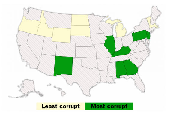 This is a map of the US showing corruption by state from the Washington Post