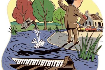 Cartoon of puzzled man with a piano in Taylor Lake behind him
