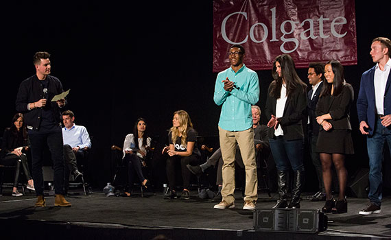 Thought Into Action students gather on stage at Colgate's fifth Entrepreneur Weekend celebration