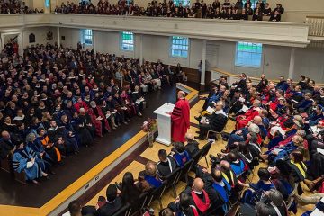 President Brian W. Casey addresses a full Memorial Chapel during his inauguration ceremony.