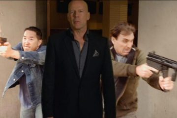 Stuntman Grant Koo ’93 (left) in the movie Vice. Bruce Willis (center) comes out in the opening scene, stops the footage, and explains the premise of the movie.