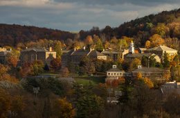 Colgate's campus scene from afar amidst fall foliage