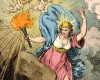 Figure holds aloft torch of truth while angels hover above