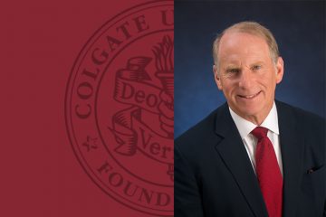 Portrait of Richard Haass, president of the Council on Foreign Relations with Colgate seal to the right
