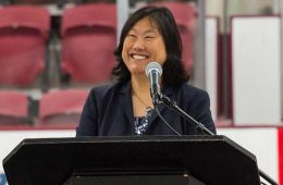 Vicky Chun ’91, MA’94 stands at podium