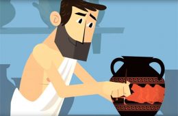 Cartoon illustration of an ancient Athenian in a toga paint a piece of pottery