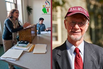 Split image of Lourdes Rojas-Paiewonsky teaching and Professor Chris Vecsey in a baseball cap that reads "Balmuth"