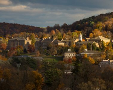 Colgate University is pictured with fall foliage