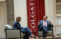 Former Secretary of Defense and Director of the CIA Leon Panetta addresses members of the Colgate Community during a visit to the campus for Global Leaders