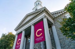 Colgate at 200 Years banners hang from Memorial Chapel columns
