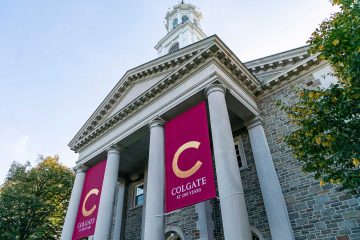 Colgate at 200 Years banners hang from Memorial Chapel columns